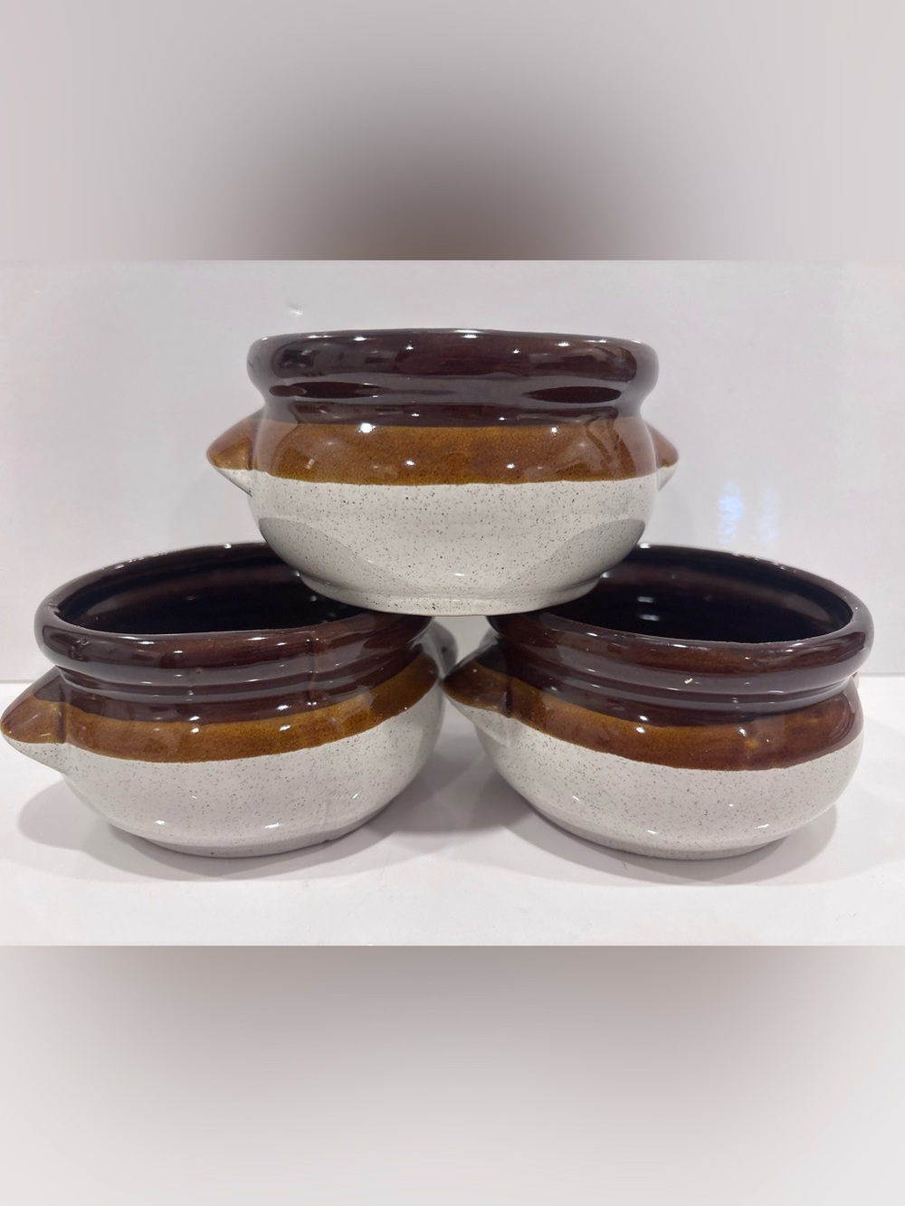 Vintage ovenproof stoneware French onion soup bowls (3) brown drip glaze